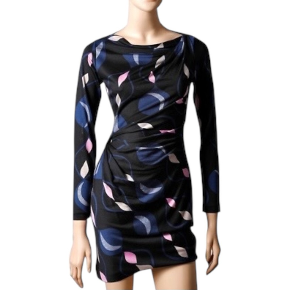 DVF Diane Von Furstenberg Black Blue Pink Geometric Print Silk Wrap Mini Dress